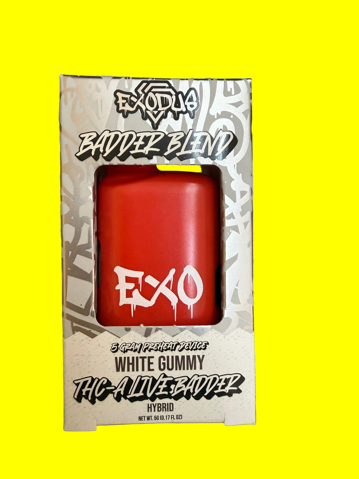 Exodus Badder Blend White Gummy THC-A live badder vape in red packaging