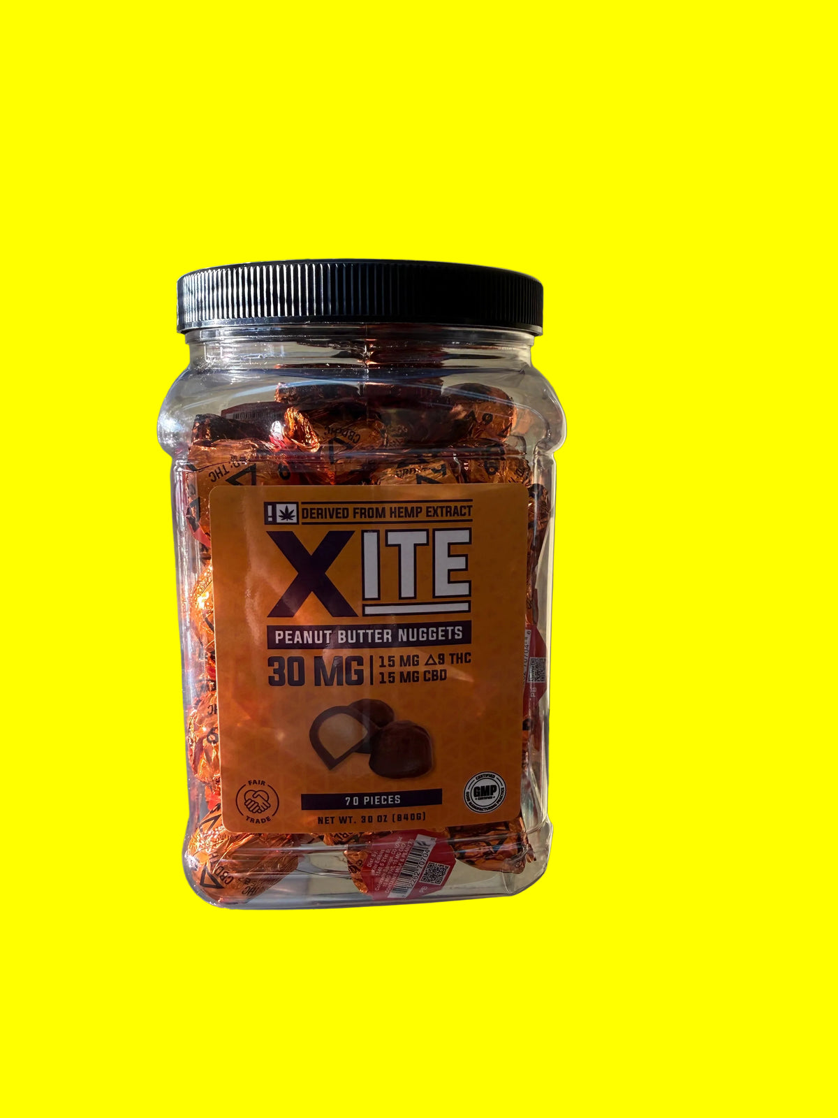 Jar of Xite Delta 9 Peanut Butter Nuggets, 15 mg THC and 15 mg CBD per piece